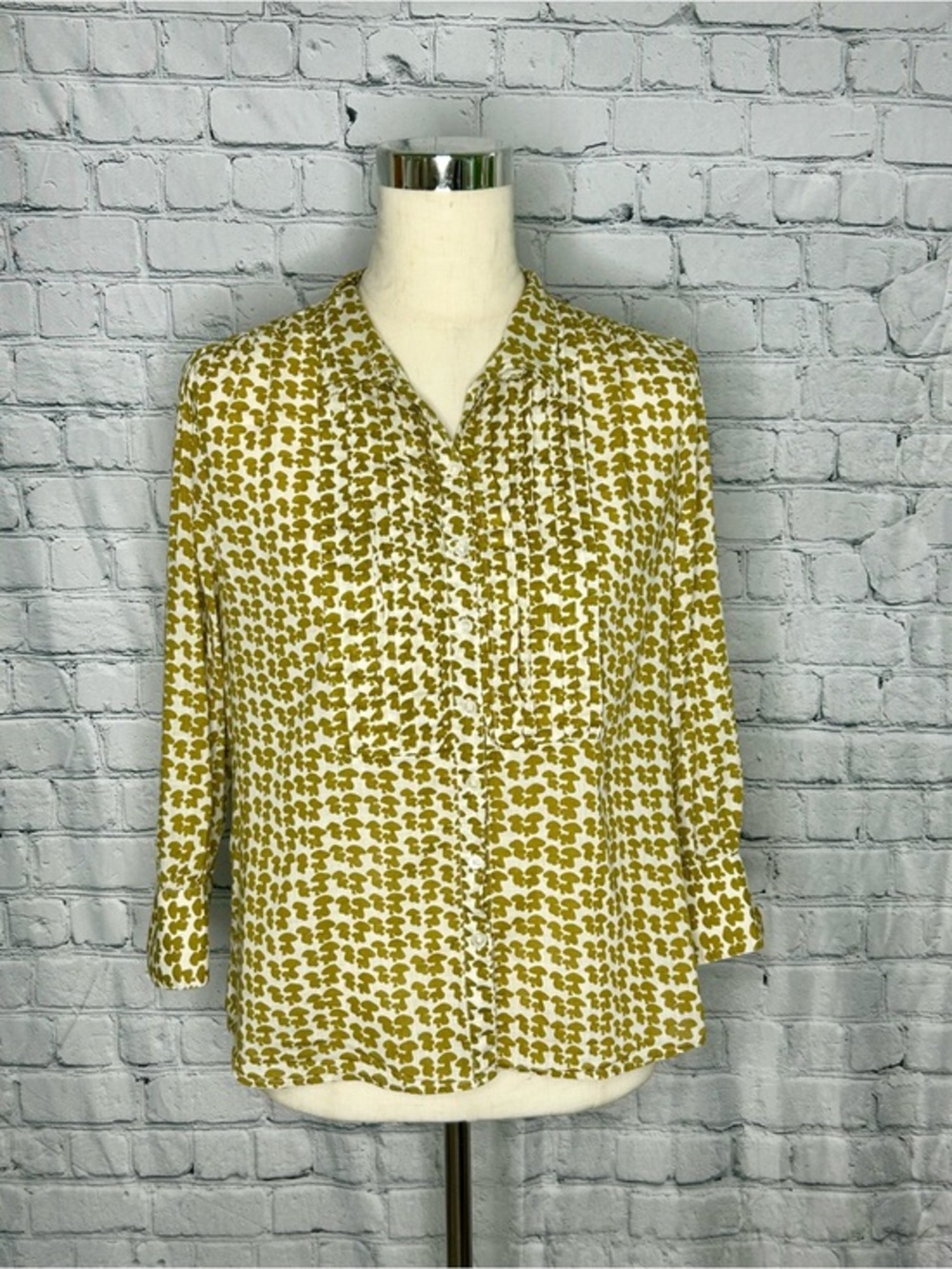 J. Crew Mushroom Pleated Button Front Blouse Green Cream - Medium